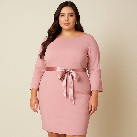 Elegant Pink Dress with Satin Belt - Picture 1 of 5